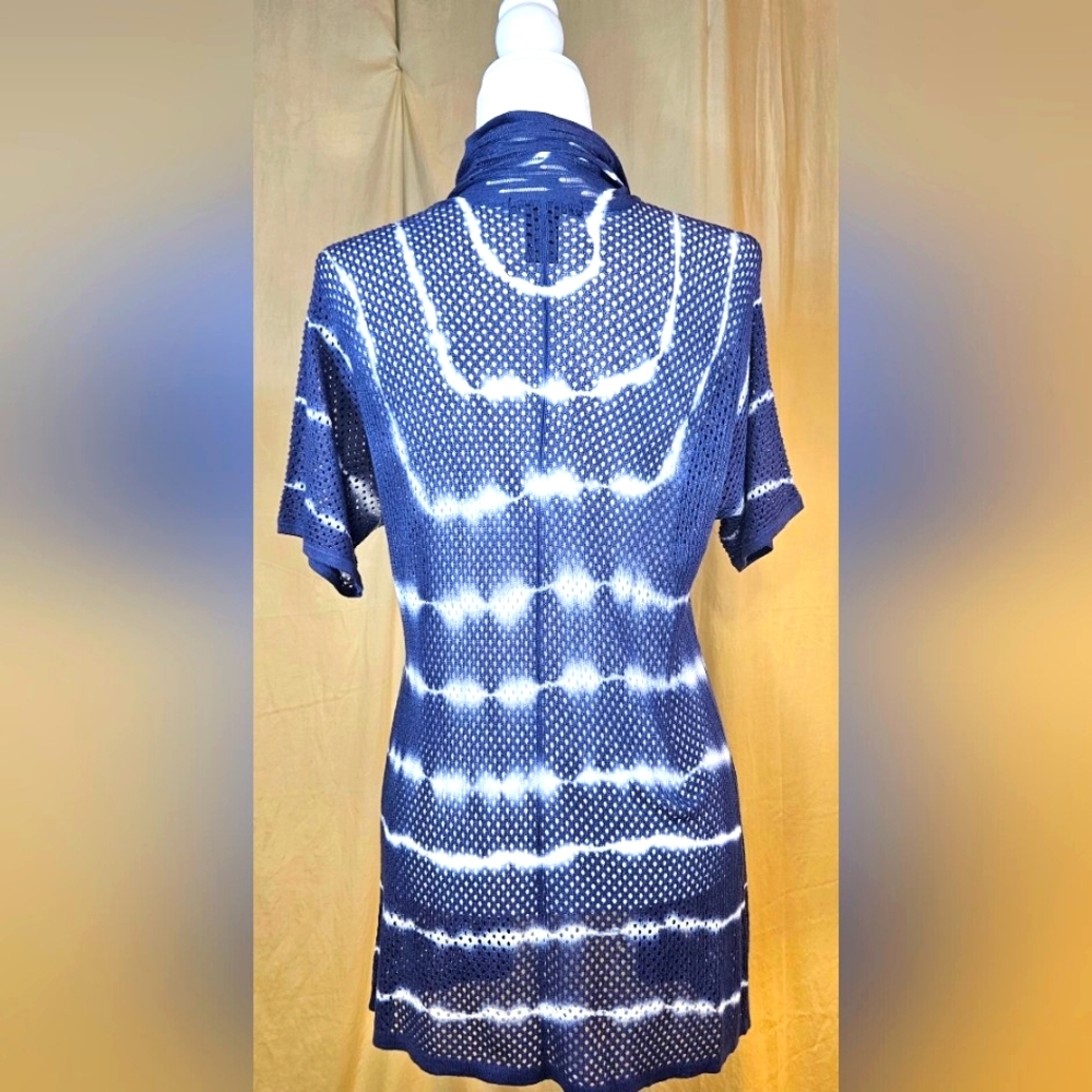 Design 365 Blue Shibori Tie Dye Open Knit Draped Cardigan Wrap Small - Picture 6 of 9